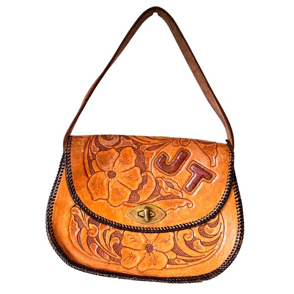 Vintage Leather Shoulder Bag Flora JT Hand Tool Double Side Whipstitch Turn-lock - Picture 1 of 15